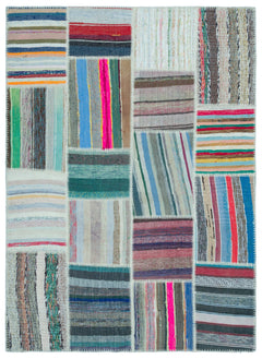 Teselya 25254 Patchwork Striped Wool Handmade Area Rug 5'3" x 7'3"
