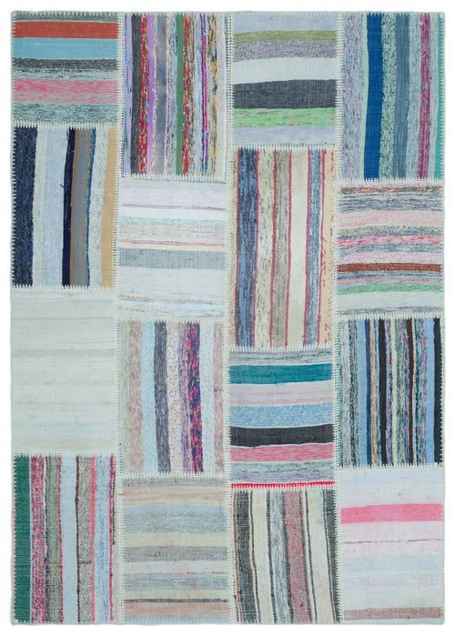 Teselya Beige Striped Wool Handmade Area Rug 5'2" x 7'4"