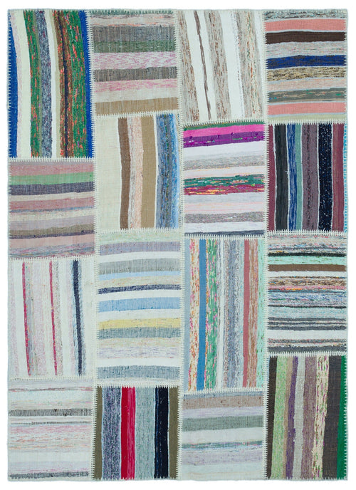 Teselya 25265 Beige Striped Wool Handmade Area Rug 5'3" x 7'3"