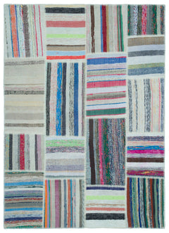 Teselya 25267 Patchwork Striped Wool Handmade Area Rug 5'3" x 7'3"