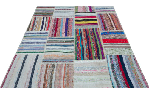 Teselya Beige Striped Wool Handmade Area Rug 5'3" x 7'2"