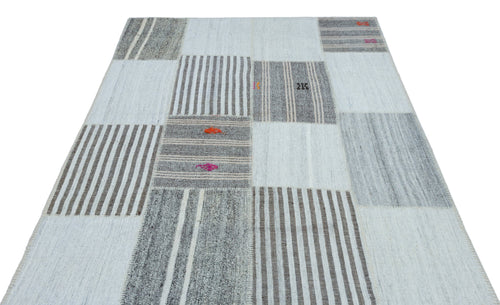 Teselya Blue Striped Wool Handmade Area Rug 5'3" x 7'6"