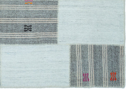 Teselya Blue Striped Wool Handmade Area Rug 5'3" x 7'6"