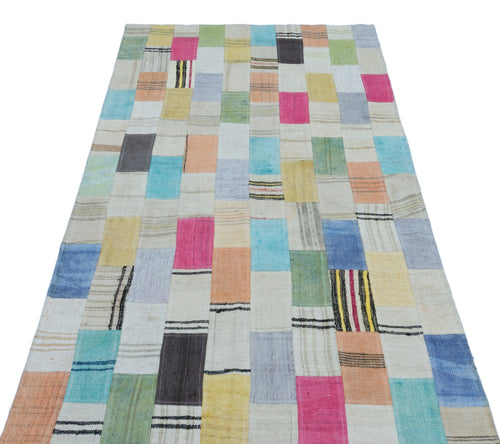 Teselya Beige Patchwork Wool Handmade Area Rug 3'5" x 7'1"