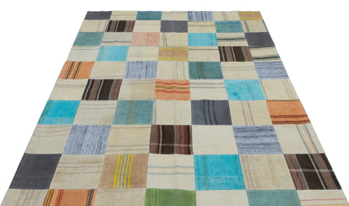 Teselya Beige Patchwork Wool Handmade Area Rug 5'5" x 7'8"