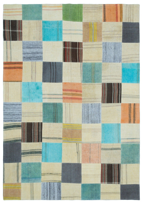 Teselya Beige Patchwork Wool Handmade Area Rug 5'5" x 7'8"