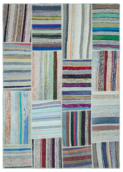 Teselya 25320 Beige Striped Wool Handmade Area Rug 5'2" x 7'3"