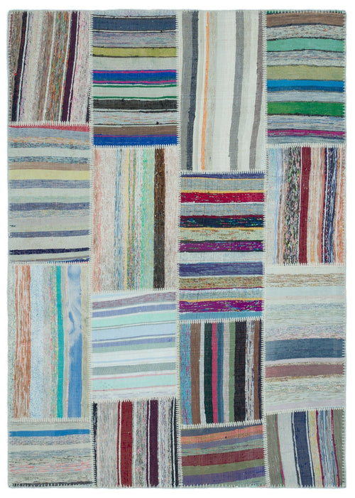 Teselya 25320 Beige Striped Wool Handmade Area Rug 5'2" x 7'3"