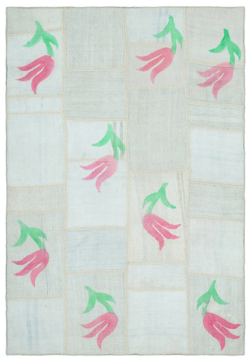 Teselya Beige Patchwork Wool Handmade Area Rug 5'1" x 7'6"