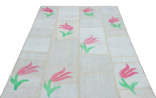 Teselya Beige Patchwork Wool Handmade Area Rug 5'1" x 7'6"