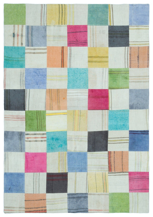 Teselya Beige Patchwork Wool Handmade Area Rug 5'2" x 7'5"