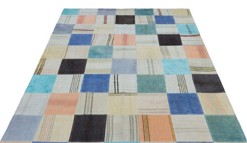Teselya Beige Patchwork Wool Handmade Area Rug 5'5" x 7'9"