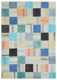 Teselya Beige Patchwork Wool Handmade Area Rug 5'5" x 7'9"