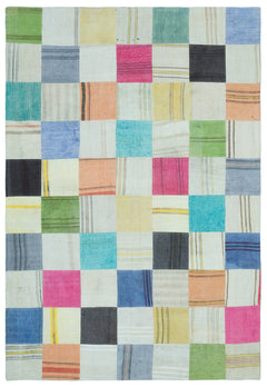 Teselya Beige Patchwork Wool Handmade Area Rug 5'1" x 7'7"