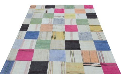 Teselya Beige Patchwork Wool Handmade Area Rug 5'2" x 7'7"