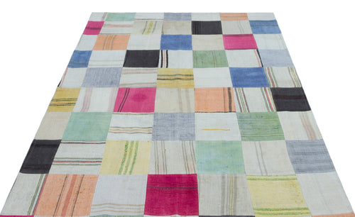 Teselya Beige Patchwork Wool Handmade Area Rug 5'2" x 7'6"