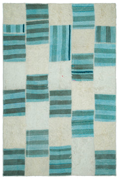 Teselya Beige Patchwork Wool Handmade Area Rug 6'8" x 9'11"