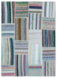 Teselya 25400 Patchwork Striped Wool Handmade Area Rug 5'3" x 7'3"