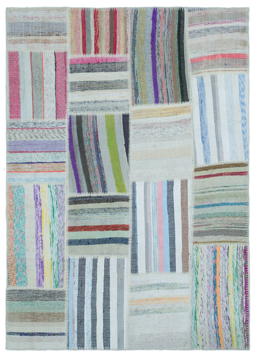 Teselya 25403 Beige Striped Wool Handmade Area Rug 5'3" x 7'3"