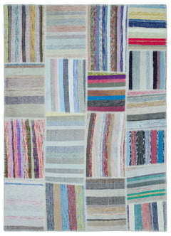 Teselya 25417 Patchwork Striped Wool Handmade Area Rug 5'3" x 7'4"