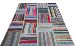 Teselya 25435 Patchwork Striped Wool Handmade Area Rug 5'3" x 7'7"