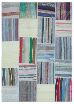 Teselya 25439 Beige Striped Wool Handmade Area Rug 5'3" x 7'4"