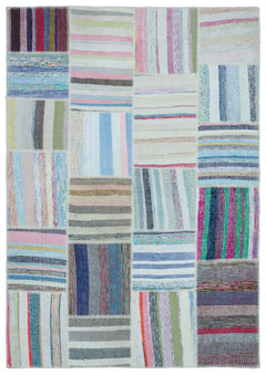 Teselya 25457 Patchwork Striped Wool Handmade Area Rug 5'3" x 7'7"