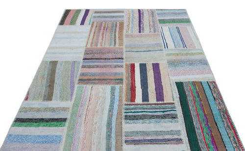 Teselya 25469 Beige Striped Wool Handmade Area Rug 5'3" x 7'4"