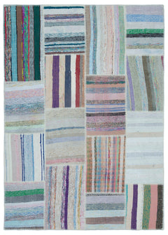 Teselya 25469 Beige Striped Wool Handmade Area Rug 5'3" x 7'4"
