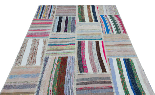 Teselya 25491 Patchwork Striped Wool Handmade Area Rug 5'3" x 7'7"