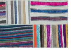 Teselya 25493 Patchwork Striped Wool Handmade Area Rug 5'3" x 7'7"