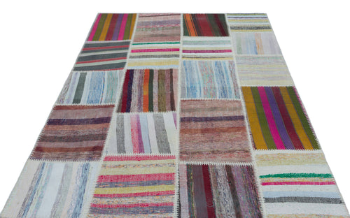 Teselya Beige Striped Wool Handmade Area Rug 5'3" x 7'5"