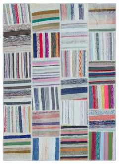 Teselya 25511 Patchwork Striped Wool Handmade Area Rug 5'3" x 7'4"