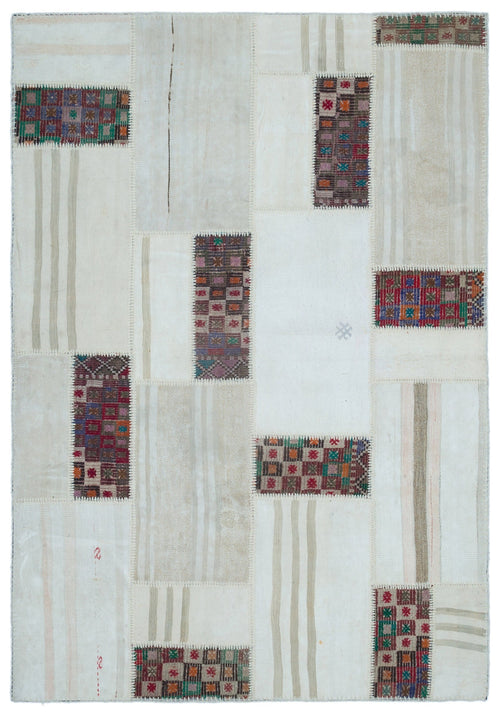 Teselya 25516 Beige Patchwork Wool Handmade Area Rug 5'3" x 7'8"