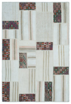 Teselya Beige Patchwork Wool Handmade Area Rug 5'3" x 7'9"