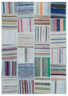 Teselya Beige Striped Wool Handmade Area Rug 5'2" x 7'4"