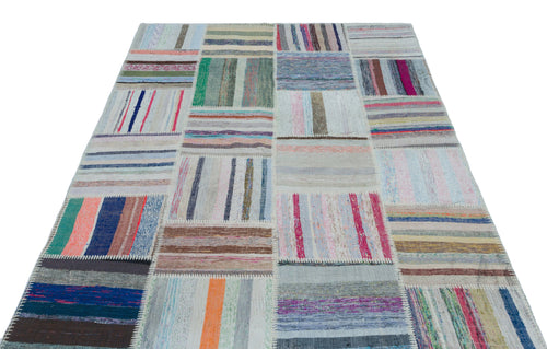 Teselya Beige Striped Wool Handmade Area Rug 5'2" x 7'4"