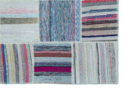 Teselya Beige Striped Wool Handmade Area Rug 5'2" x 7'4"