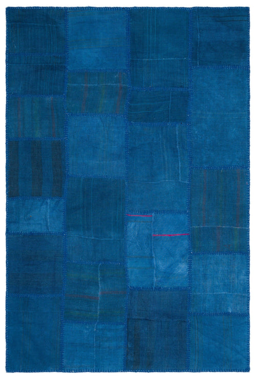 Teselya Blue Patchwork Wool Handmade Area Rug 5'1" x 7'7"