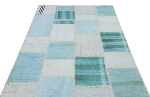 Teselya Blue Patchwork Wool Handmade Area Rug 5'1" x 7'6"