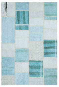 Teselya Blue Patchwork Wool Handmade Area Rug 5'1" x 7'6"