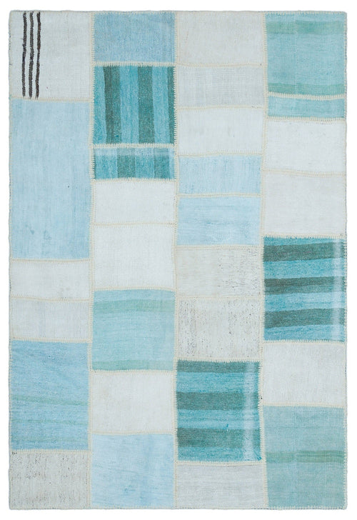 Teselya Blue Patchwork Wool Handmade Area Rug 5'1" x 7'6"