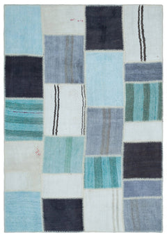 Teselya 25562 Blue Patchwork Wool Handmade Area Rug 5'3" x 7'7"