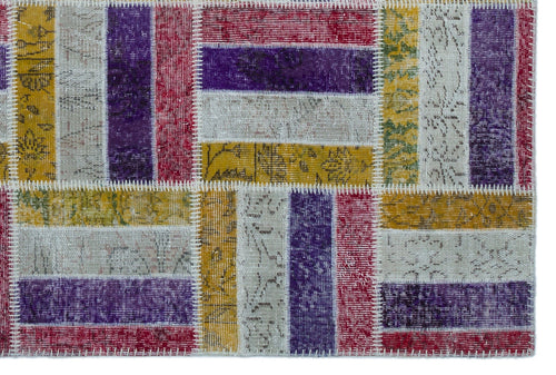 Iskece Beige Patchwork Wool Handmade Area Rug 5'3" x 7'10"