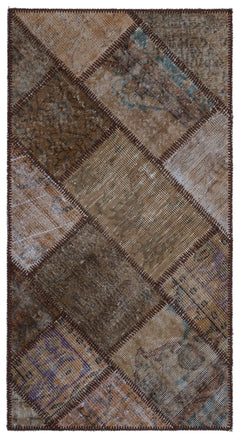 Iskece 25880 Brown Patchwork Wool Handmade Area Rug 2'7" x 4'11"