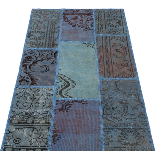 Iskece 25899 Blue Patchwork Wool Handmade Area Rug 2'7" x 4'11"
