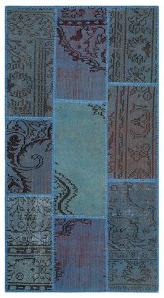 Iskece 25899 Blue Patchwork Wool Handmade Area Rug 2'7" x 4'11"