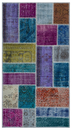 Iskece 25964 Blue Patchwork Wool Handmade Area Rug 2'7" x 4'11"