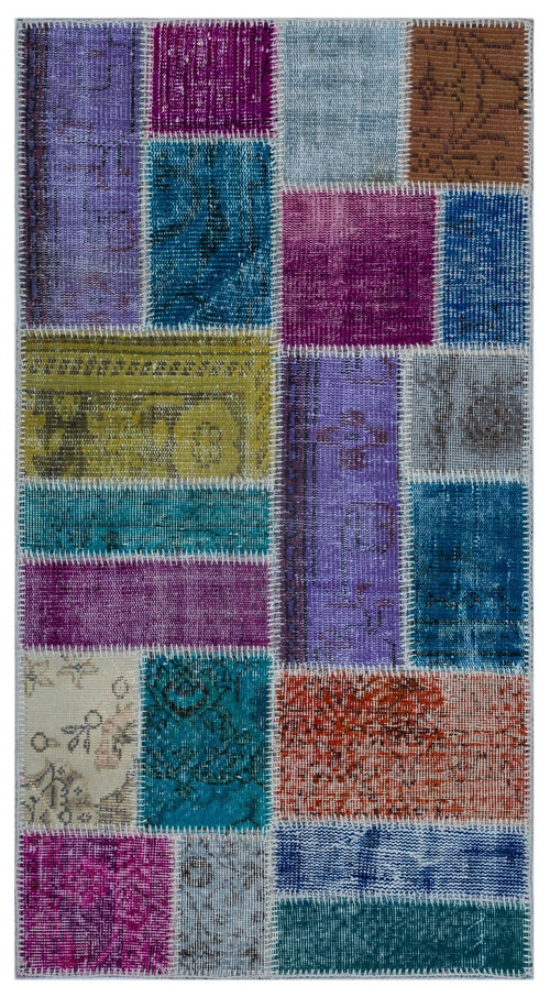Iskece 25964 Blue Patchwork Wool Handmade Area Rug 2'7" x 4'11"