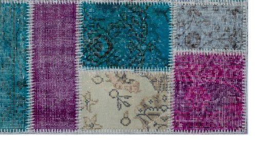 Iskece 25964 Blue Patchwork Wool Handmade Area Rug 2'7" x 4'11"